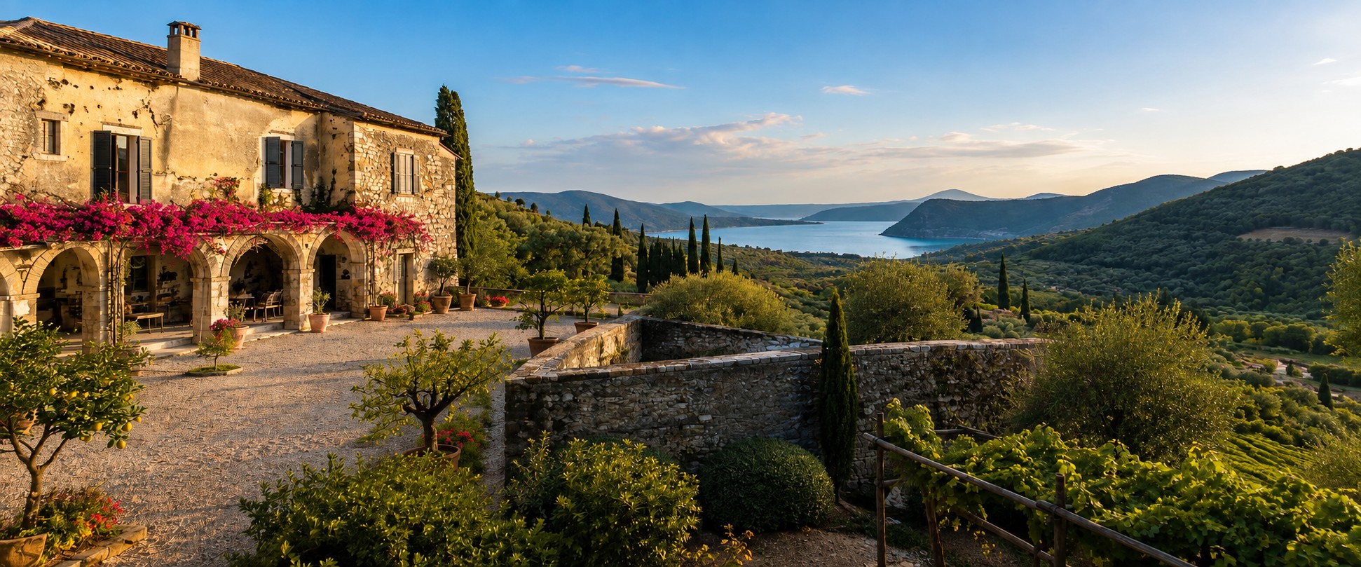 Mediterranes Anwesen mit Seeblick im Abendlicht